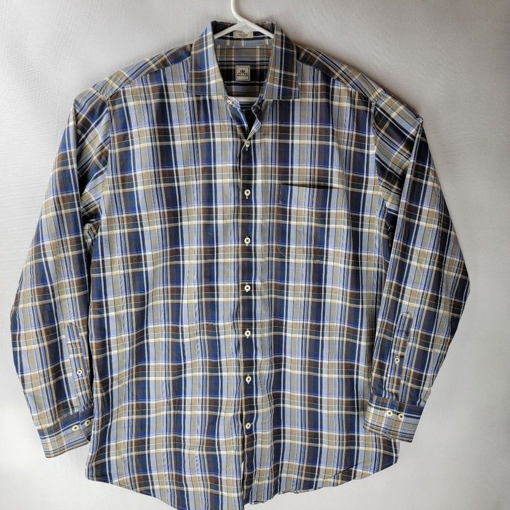 Peter Millar Mens Size XL Blue Brown White Plaid Button Up LS Shirt
